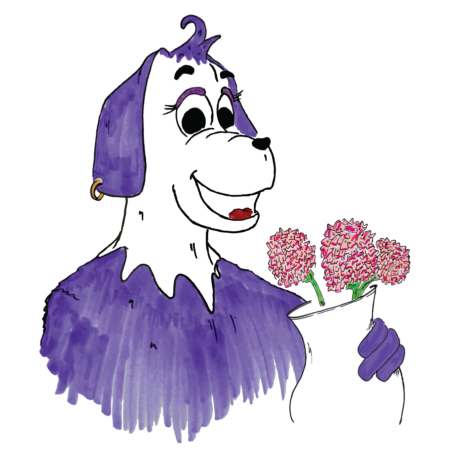 Cartoon dog character with a purple outfit and flowers on a white background