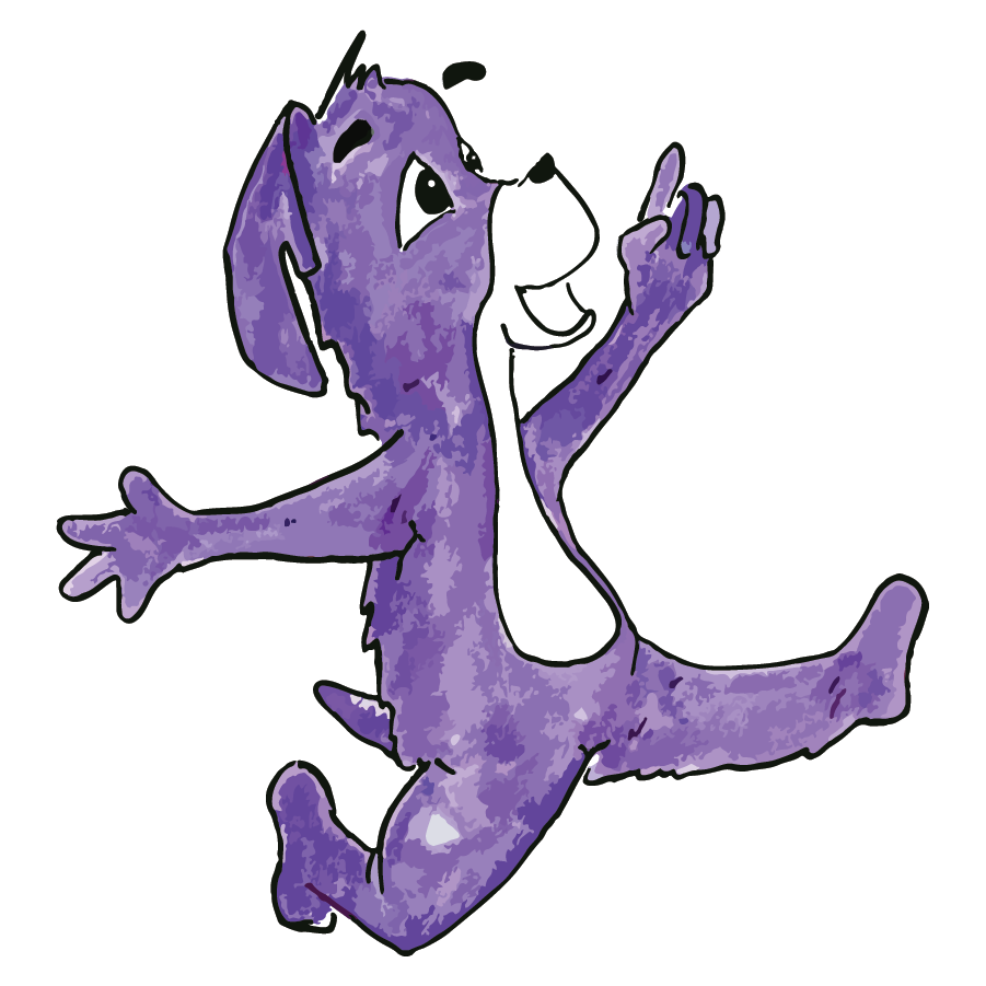 Purple cartoon dog character on a white background