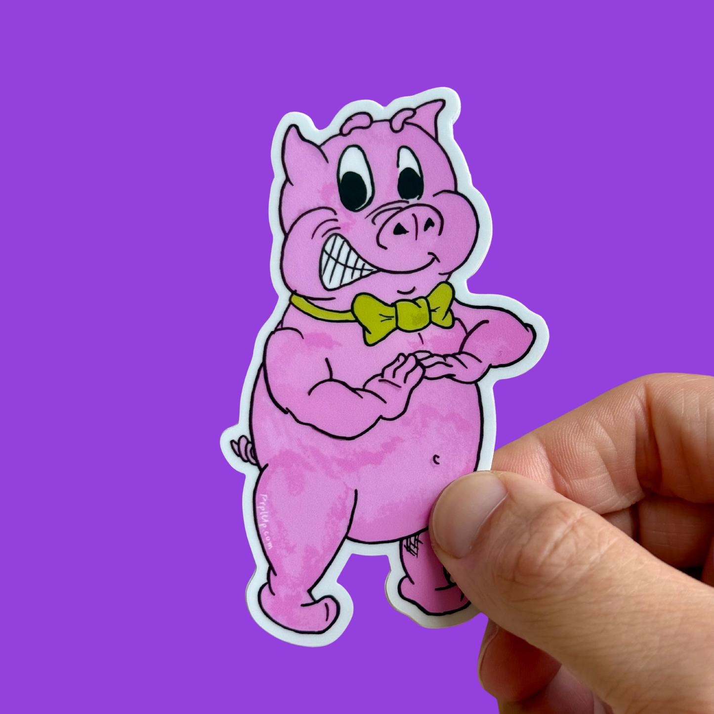Pig 2 die cut sticker with purple background. A new hand-drawn, pig character in the world of Prpl Up Pup.
