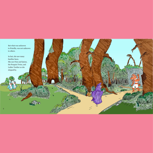 White cartoon dog with purple hood skipping in the forest which is the main character of Priscilla in the Purple hood children's picture book.