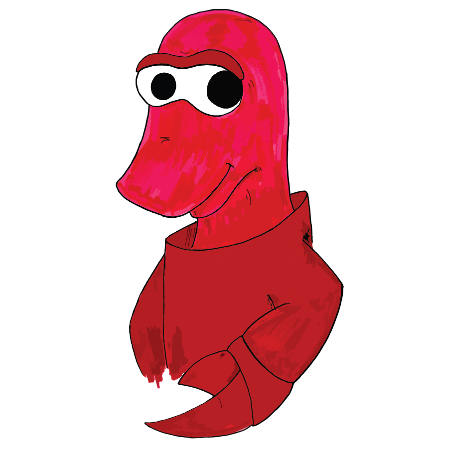Red lobster cartoon character on a white background