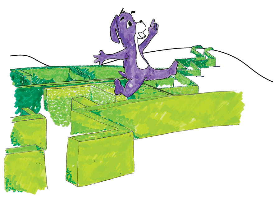 Purple pup cartoon character on a green track with a white background