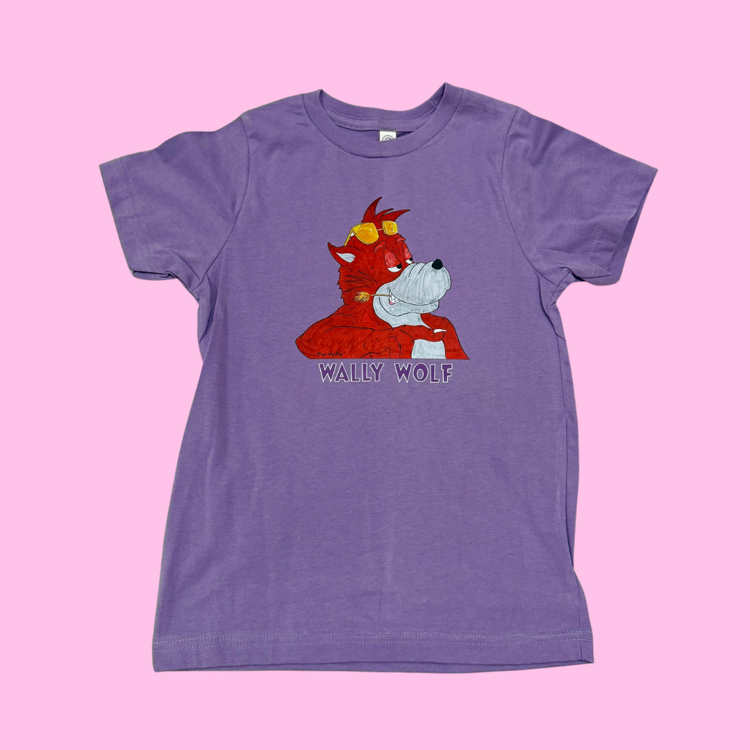 Kids t-shirt with a pink background featuring Wally Wolf illustration from Priscilla in the Purple Hood story book by Benjamin A. King.