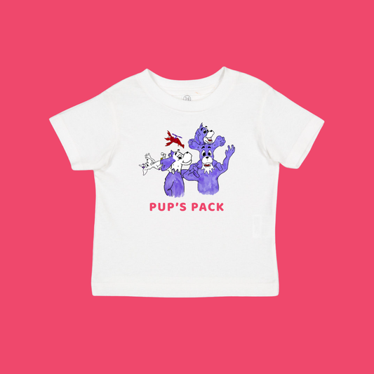 White t-shirt with cartoon dogs design and 'PUP'S PACK' text on a red background. This is the Prpl Up Pup's family.