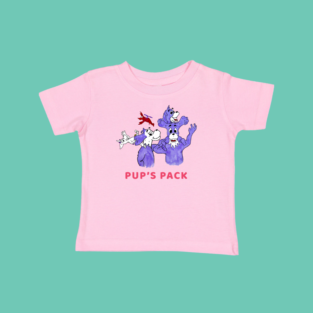 Pink t-shirt with cartoon dog characters and 'PUP'S PACK' text on a teal background. This is the Prpl Up Pup's family.