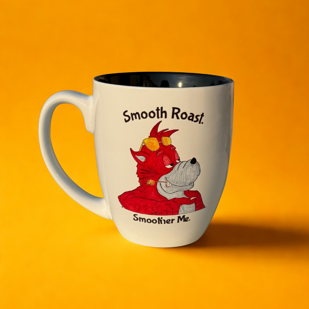 White ceramic bistro mug 16 oz. It shows a hand-drawn illustration of Wally Wolf from the storybook, Priscilla in the Purple Hood. This Prpl Up Pup Tail is written and illustrated by Benjamin A. King.