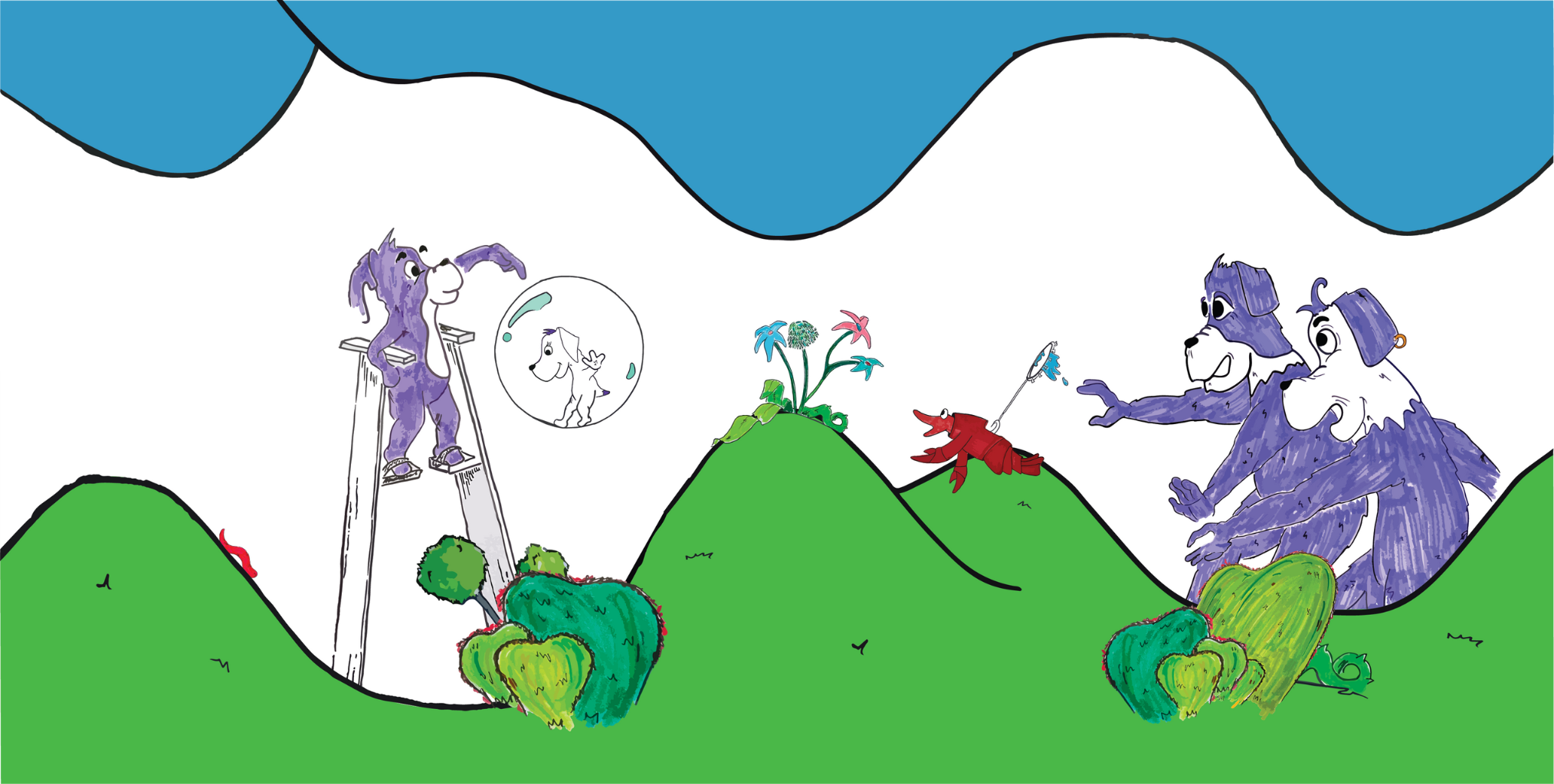 Prpl Up Pup and family cartoon character trying to catch his sister which is stuck in a bubble. Dad and mom are chasing aftert their daughter along with their pet lobster
