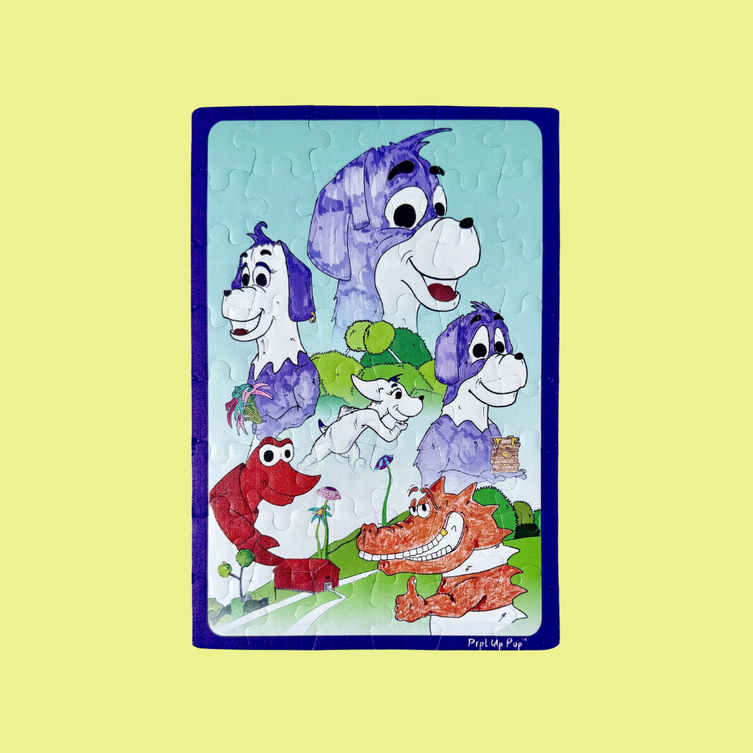 Children's puzzle with cartoon characters from the World of Prpl Up Pup on a beige background