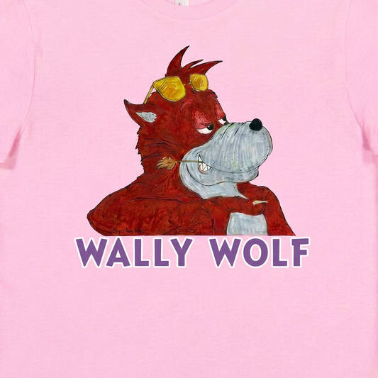Close-up of Wally Wolf artwork and purple WALLY WOLF lettering with a white outline on pink fabric.