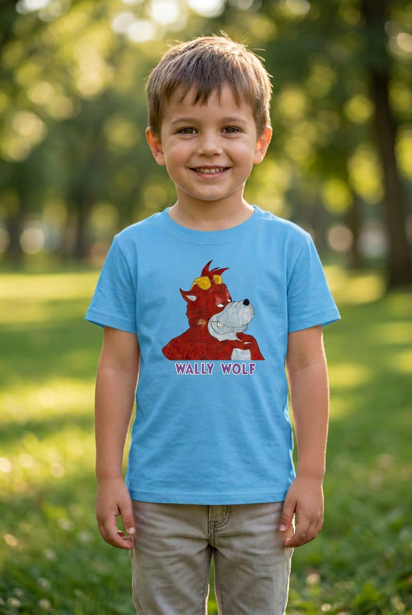 Boy wearing an Aqua Smooth Wally Wolf T-shirt with purple lettering outlined in white outdoors in a park.