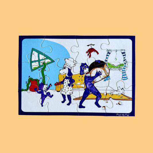 Colorful puzzle with Prpl Up Pup's cartoon characters on a beige background