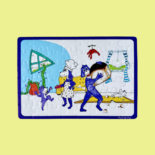 Children's puzzle with Prpl Up Pup's cartoon characters on a yellow background