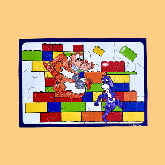 Children's puzzle with Loother Toother and Prpl Up Pup's cartoon characters on a beige background