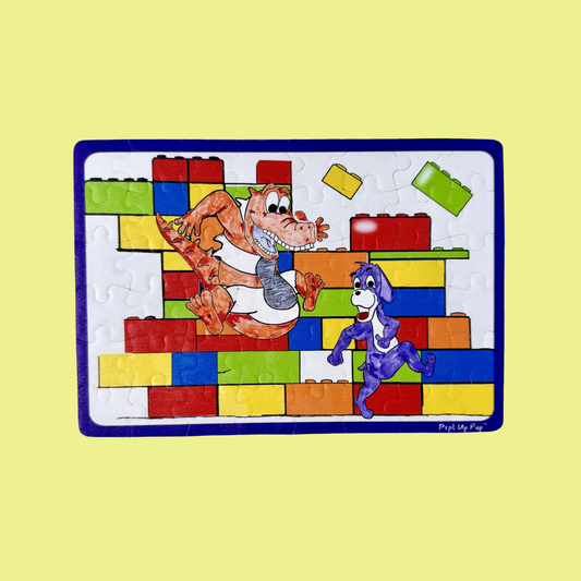 Children's puzzle with Loother Toother and Prpl Up Pup's cartoon characters on a beige background