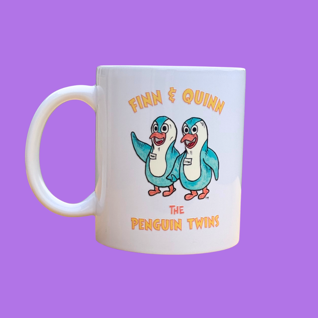 Mug with 'Finn & Quinn, The Penguin Twins' design on a purple background. Inspired by Priscilla in the Purple Hood. 