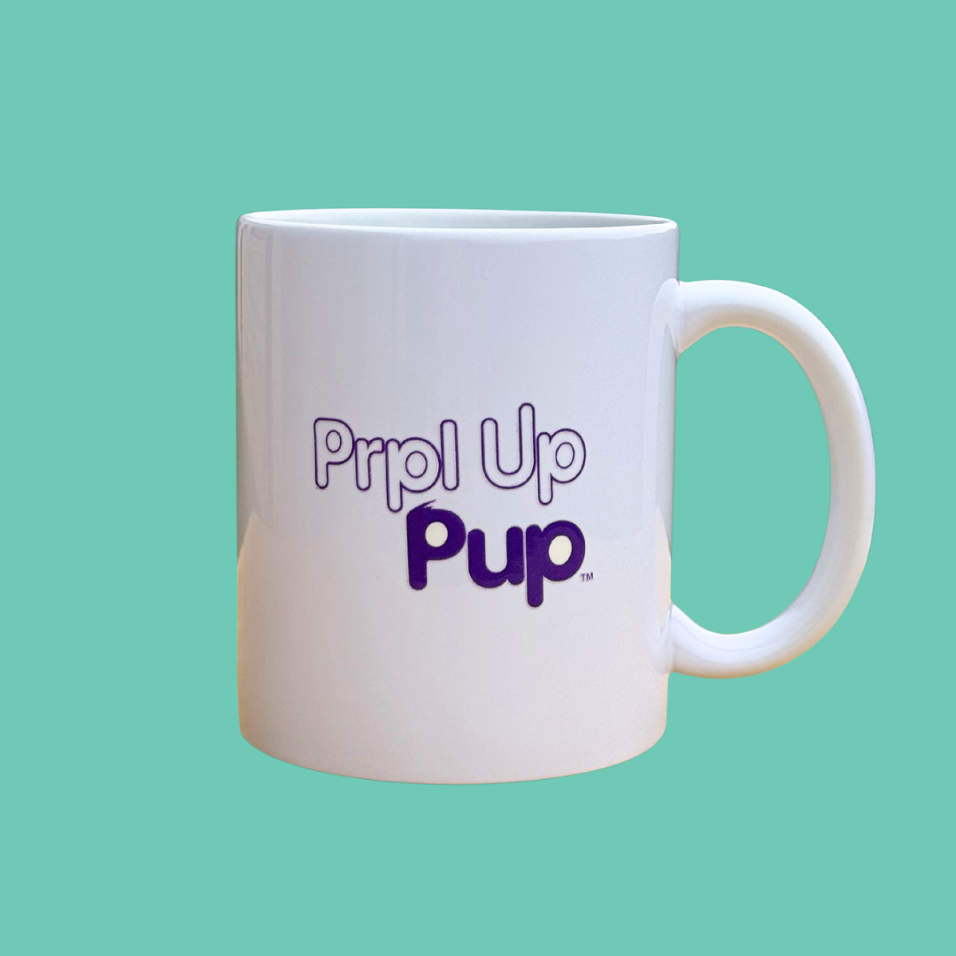 White mug with 'Prip! Up Pup' text on a teal background