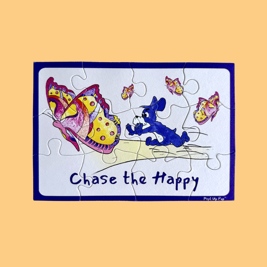 Children's puzzle with a cartoon purple dog, Prpl Up Pup, chasing butterflies and 'Chase the Happy' text on a beige background.