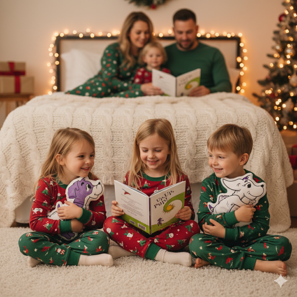 Family reading the Up, Up, Pup! picture book together in festive pajamas with a Christmas tree in the background.