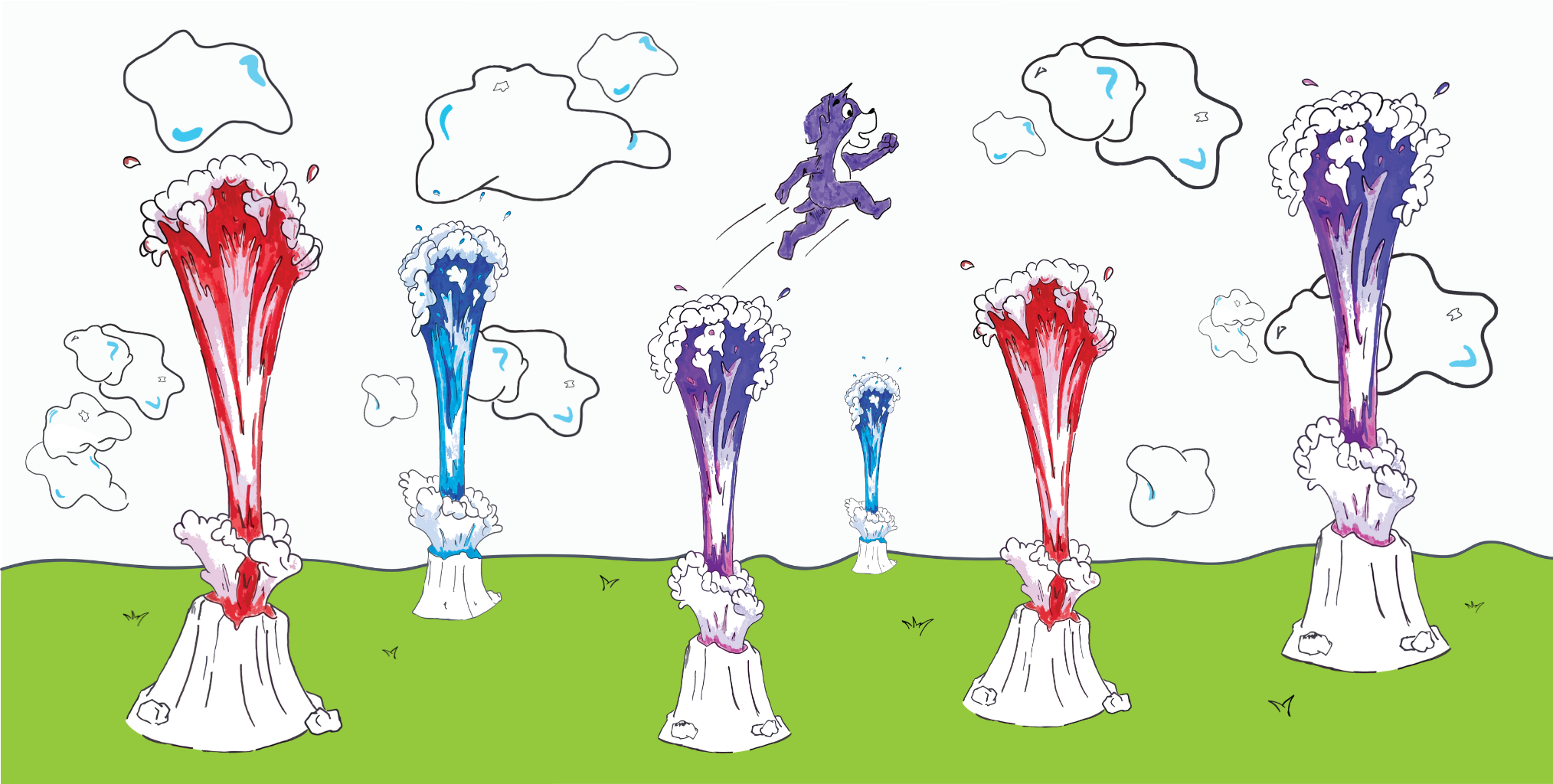 Prpl Up Pup cartoon illustration of colorful eruptions with clouds on a white background