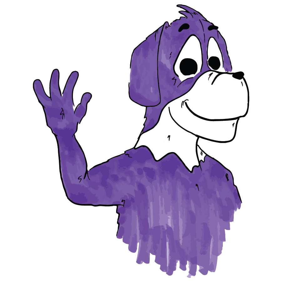Purple dog cartoon character waving its hand.
