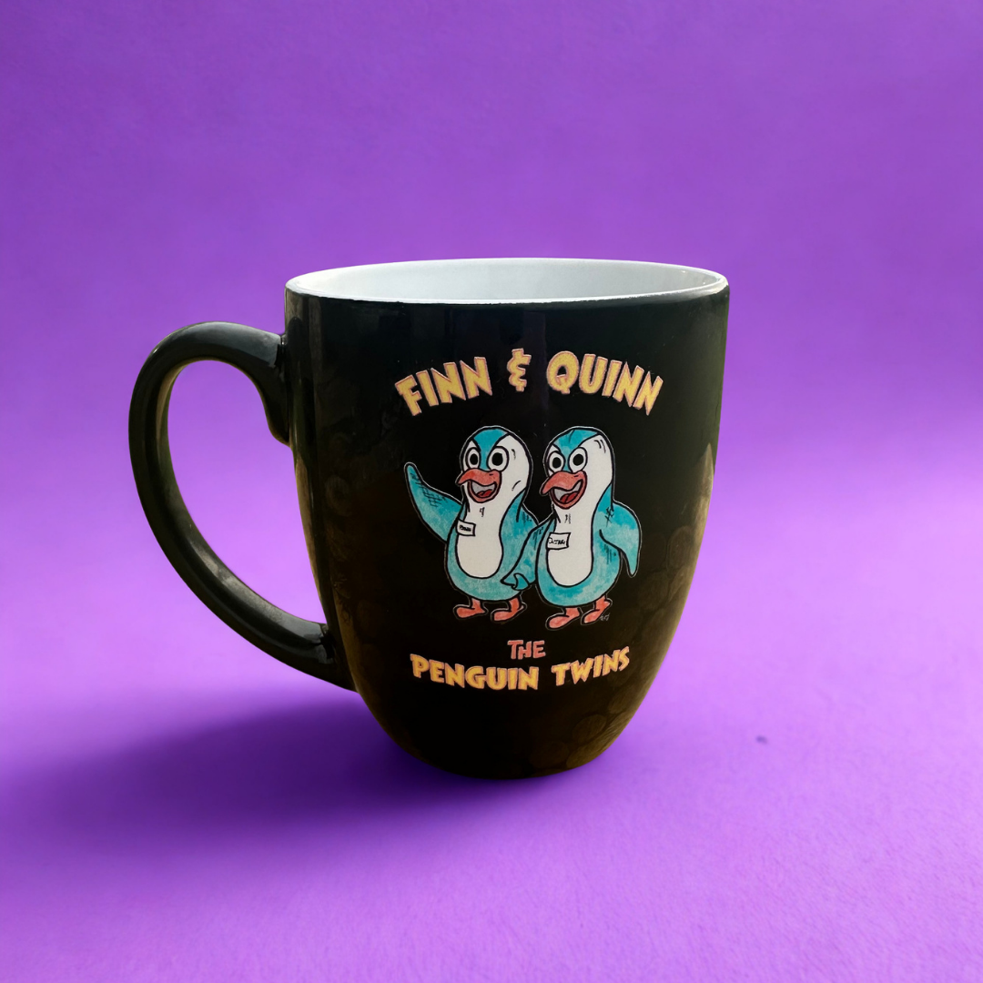 Hand-drawn penguins, black 16 oz mug with a light purple background. Illustrations from the world of Prpl Up Pup. Hand drawn illustration by Benjamin A. King.