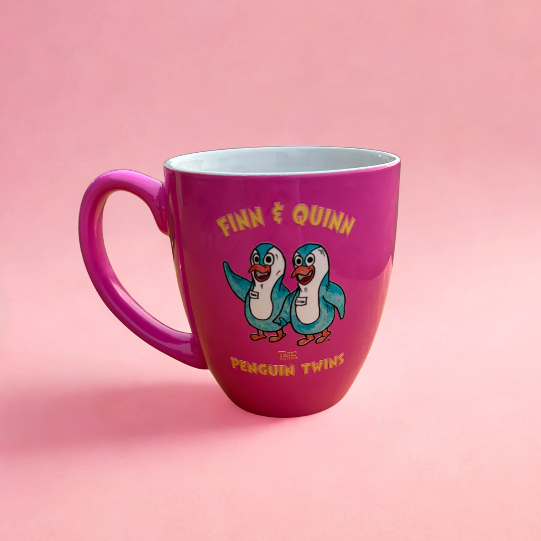 Hand-drawn penguins, hot pink 16 oz mug with a light pink background. Illustrations from the world of Prpl Up Pup. Hand-drawn illustration by Benjamin A. King.