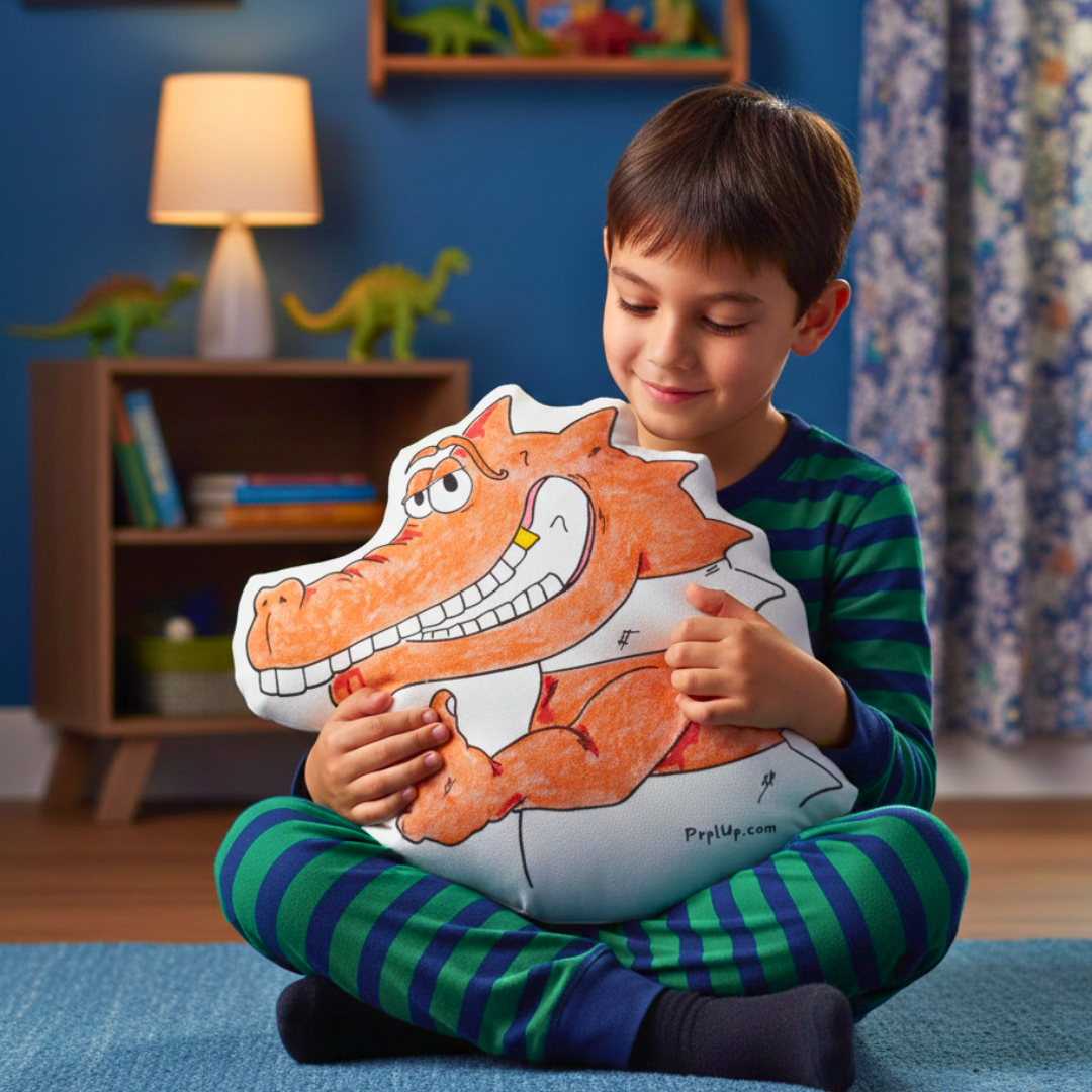 Child holding a crocodile-shaped pillow (Luther Toother from Pup and the Crocodile Smile) in a room with dinosaur toys and books.