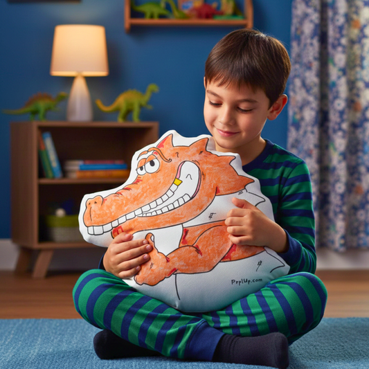 Child holding a crocodile-shaped pillow (Luther Toother from Pup and the Crocodile Smile) in a room with dinosaur toys and books.