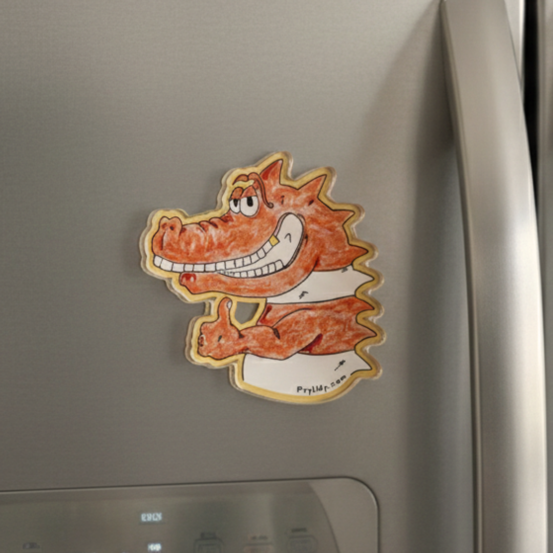 Cartoon crocodile magnet on a refrigerator door. This acrylic magnet is inspired by the Pup and the Crocodile Smile picture book.