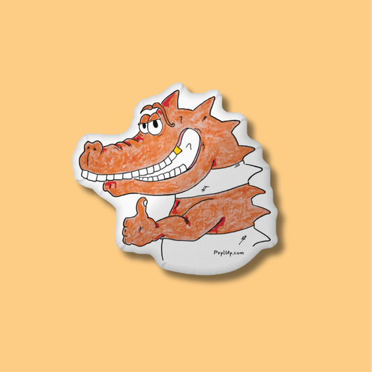 Crocodile cartoon character with a big smile on a beige background. Luther Toother caharcter from picture book Pup and the Crocodile Smile. 