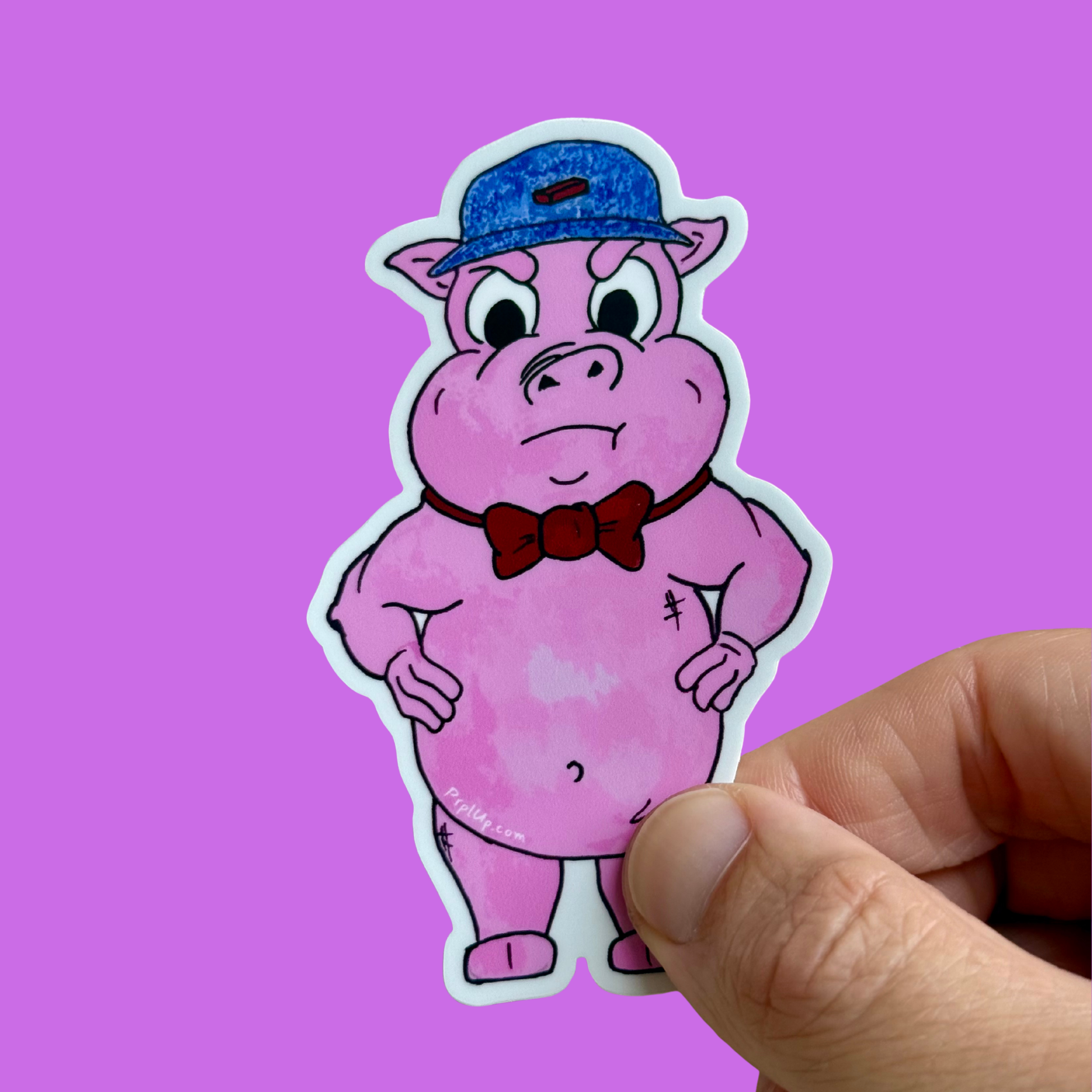 Pig 1 die cut sticker with bright pink background. A new hand-drawn, pig character in the world of Prpl Up Pup.