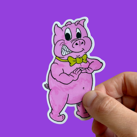 Pig 2 die cut sticker with purple background. A new hand-drawn, pig character in the world of Prpl Up Pup.