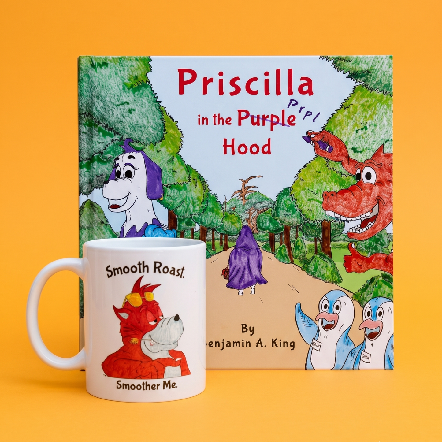 Children's book titled 'Priscilla in the Purple Hood' with a mug on an orange background