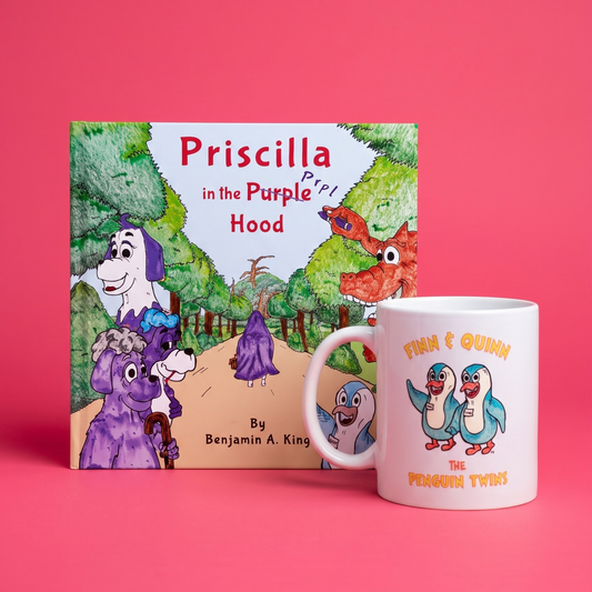 A children's book titled "Priscilla in the Purple Pipi Hood" by Benjamin A. King stands next to a white ceramic mug.