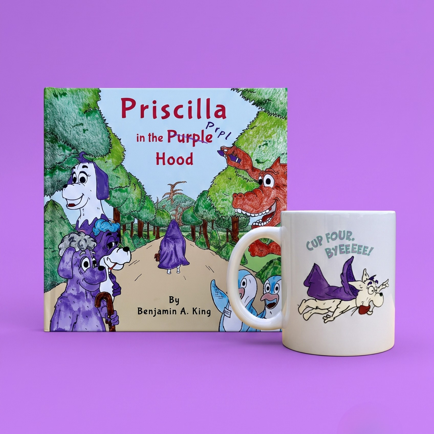 A children's book titled "Priscilla in the Purple Hood" by Benjamin A. King stands next to a white ceramic mug.