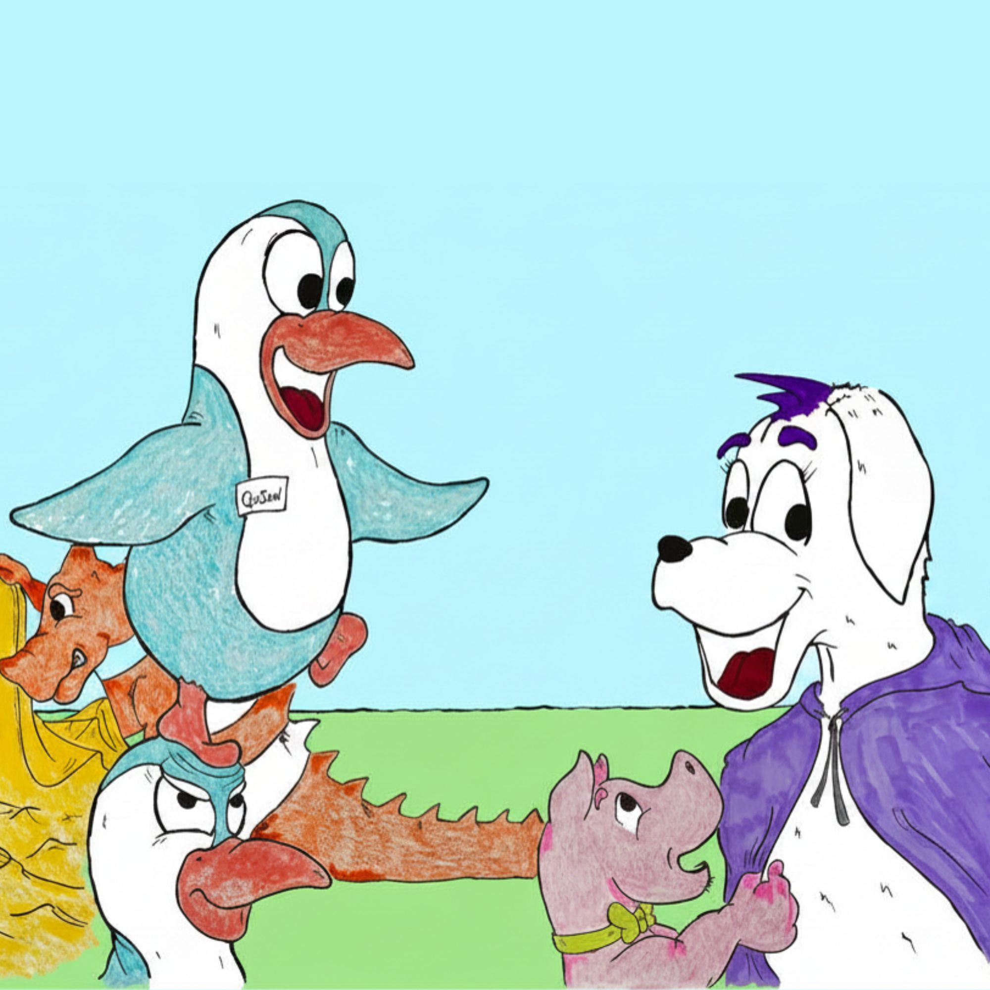 Cartoon white dog with a purple hood and light blue penguins with a blue and green background. These are characters from Priscilla in the Purple Hood. 