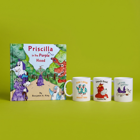 A children's book titled "Priscilla in the Purple Hood" stands next to three white ceramic mugs with colorful cartoon illustrations, all arranged on a bright yellow-green background.