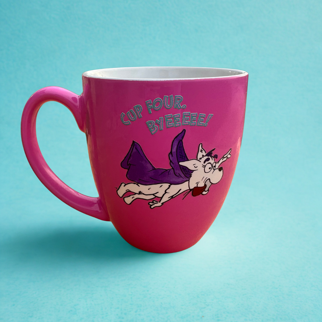 Priscilla cartoon white dog, hot pink 16 oz mug with a light blue background. Hand drawn illustration by Benjamin A. King.