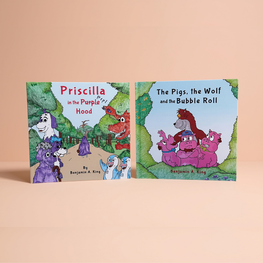 Two children's books standing upright on a peach-colored background. The left book is titled 'Priscilla in the Purple Hood' and shows a purple dog character in a forest scene. The right  book is The Pigs, the Wolf and the Bubble Roll. They both are written and illustrated by Benjamin A. King. 