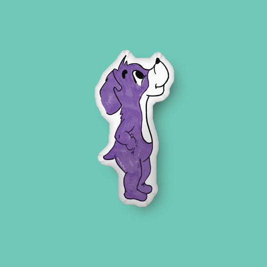 Purple cartoon dog, character on a teal background. Prpl Up Pup character from picture book, Up, Up, Pup!