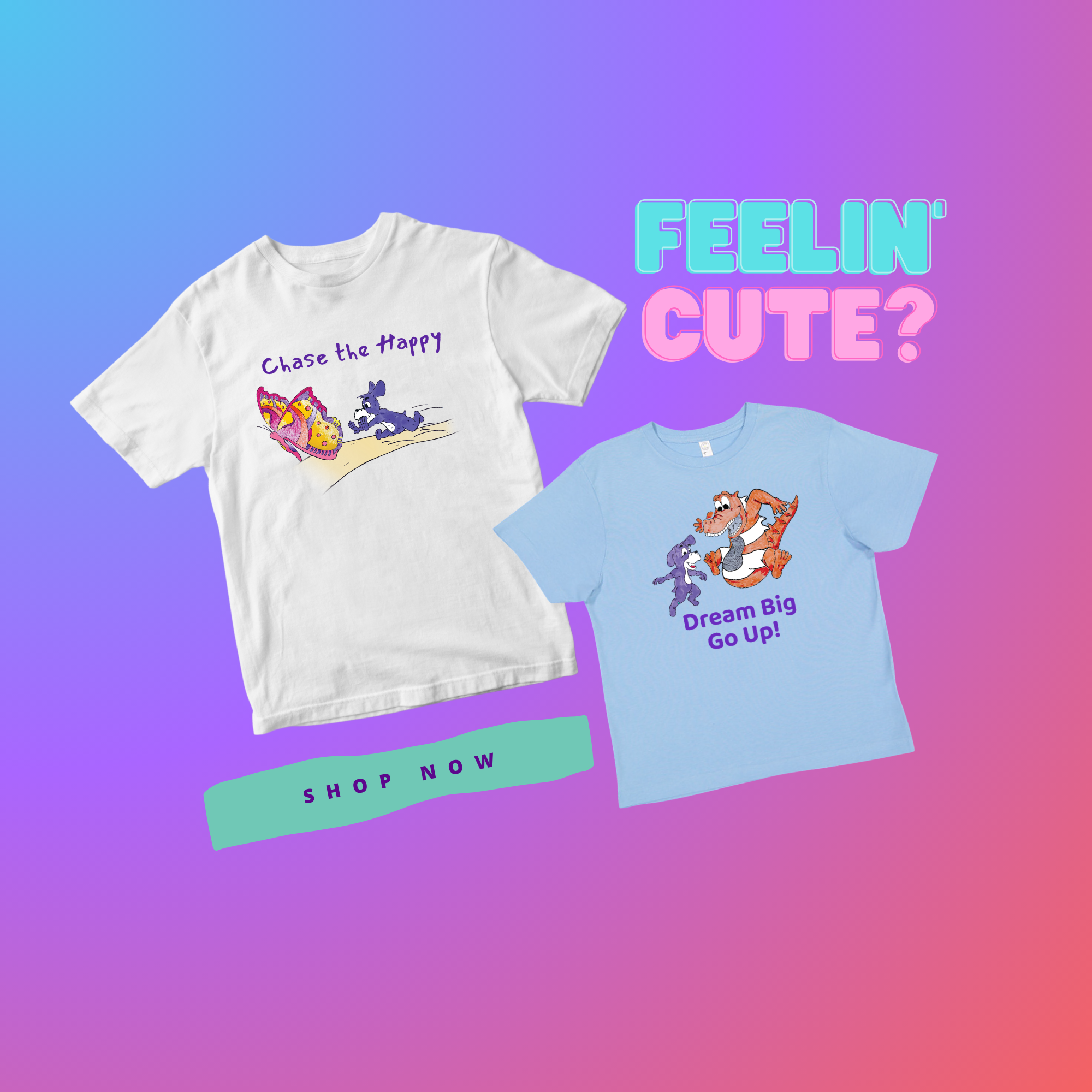 Prpl Up Pup two t-shirts with cartoon designs on a gradient background with text and call-to-action elements. Tees for kids ages 2 to 12.