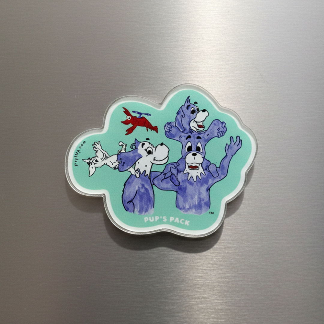 Fridge acrylic magnet with cartoon purple dog characters on a metallic surface. This is the Prpl Up Pup family.