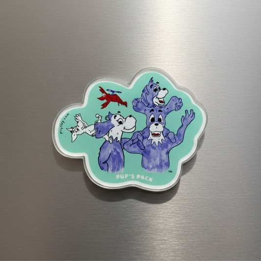 Fridge acrylic magnet with cartoon purple dog characters on a metallic surface. This is the Prpl Up Pup family.