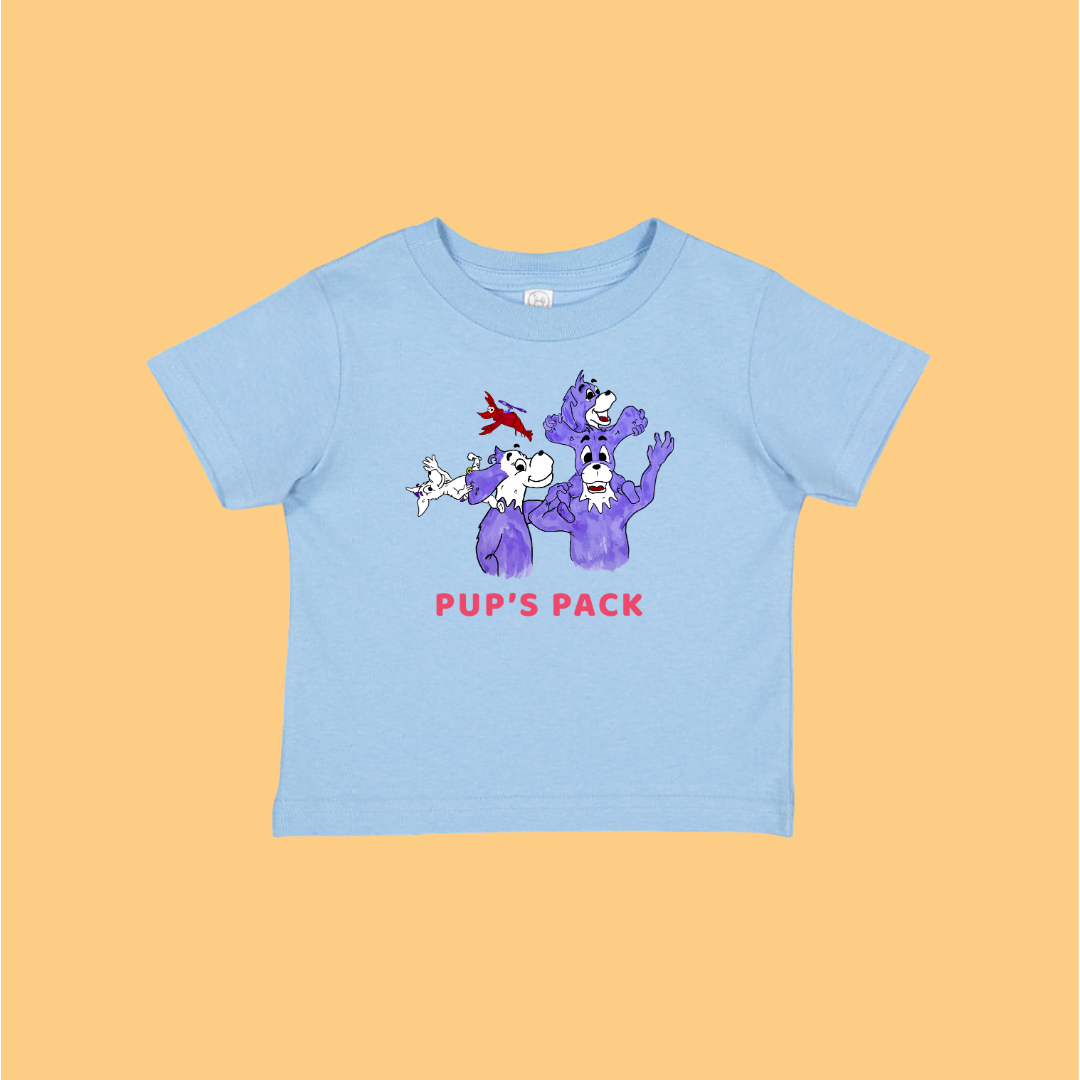 Light blue t-shirt with cartoon dogs design and 'PUP'S PACK' text on a light orange background. This is the Prpl Up Pup's family.