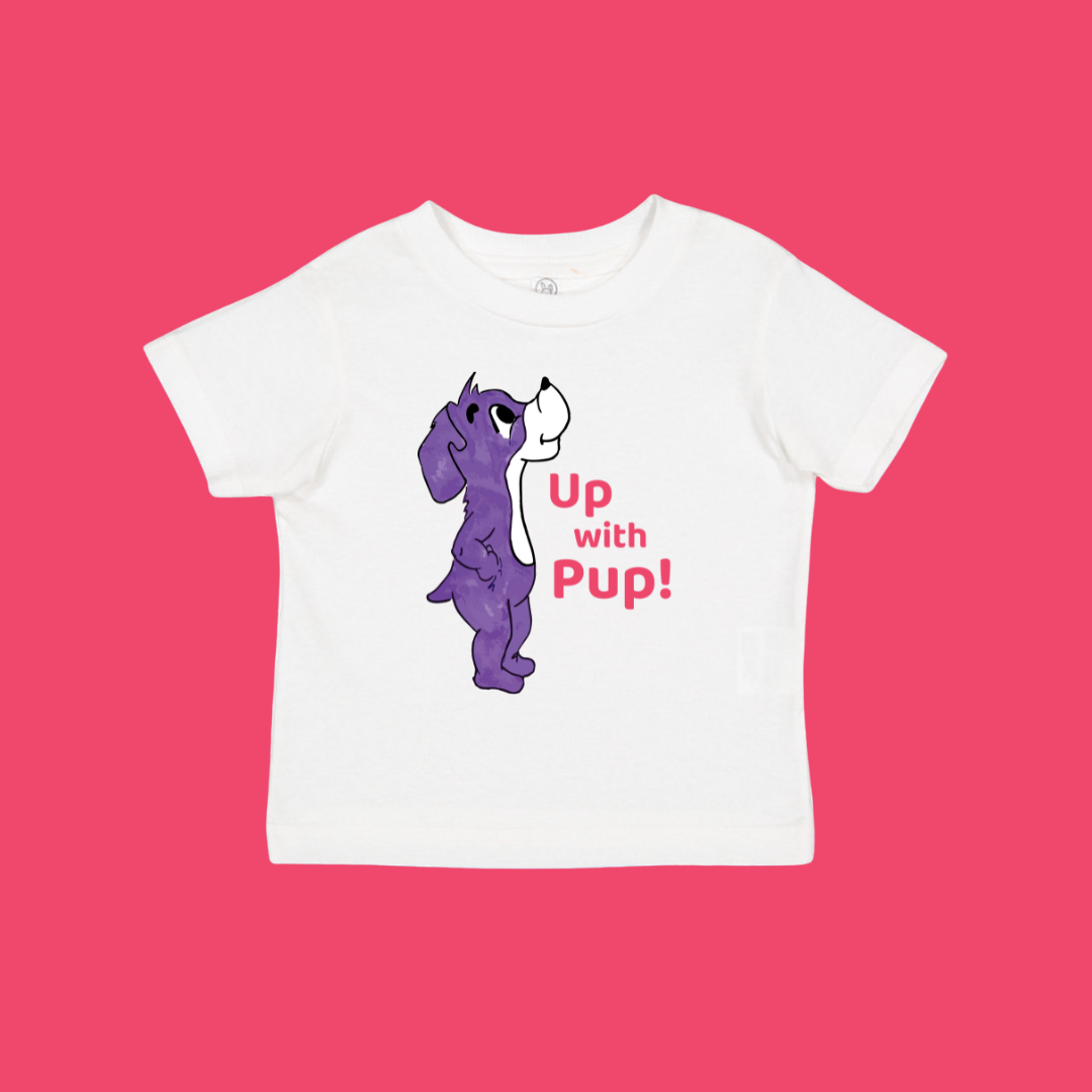 White t-shirt with a purple dog graphic and 'Up with Pup!' text on a red background. This is Prpl Up Pup cartoon character from Up, Up, Pup! picture book.