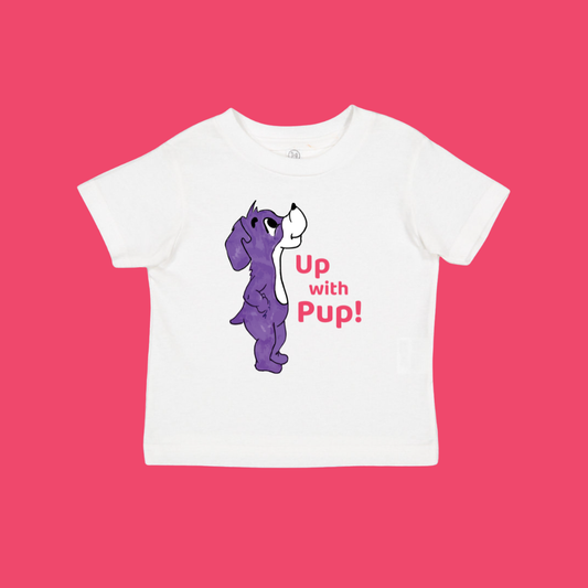 White t-shirt with a purple dog graphic and 'Up with Pup!' text on a red background. This is Prpl Up Pup cartoon character from Up, Up, Pup! picture book.