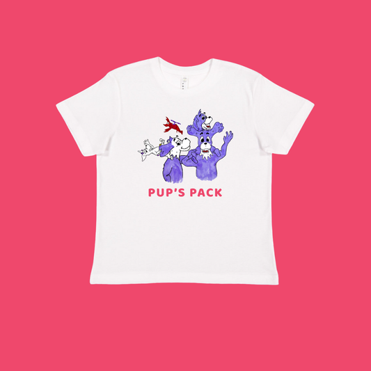 White t-shirt with cartoon dog design and 'PUP'S PACK' text on a red background. This is the Prpl Up Pup's family. 