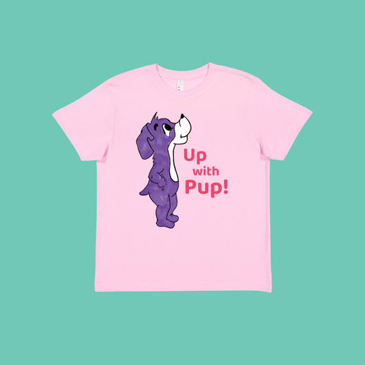 Youth Pink T-shirt with Prpl Up Pup, cartoon purple dog with red text.