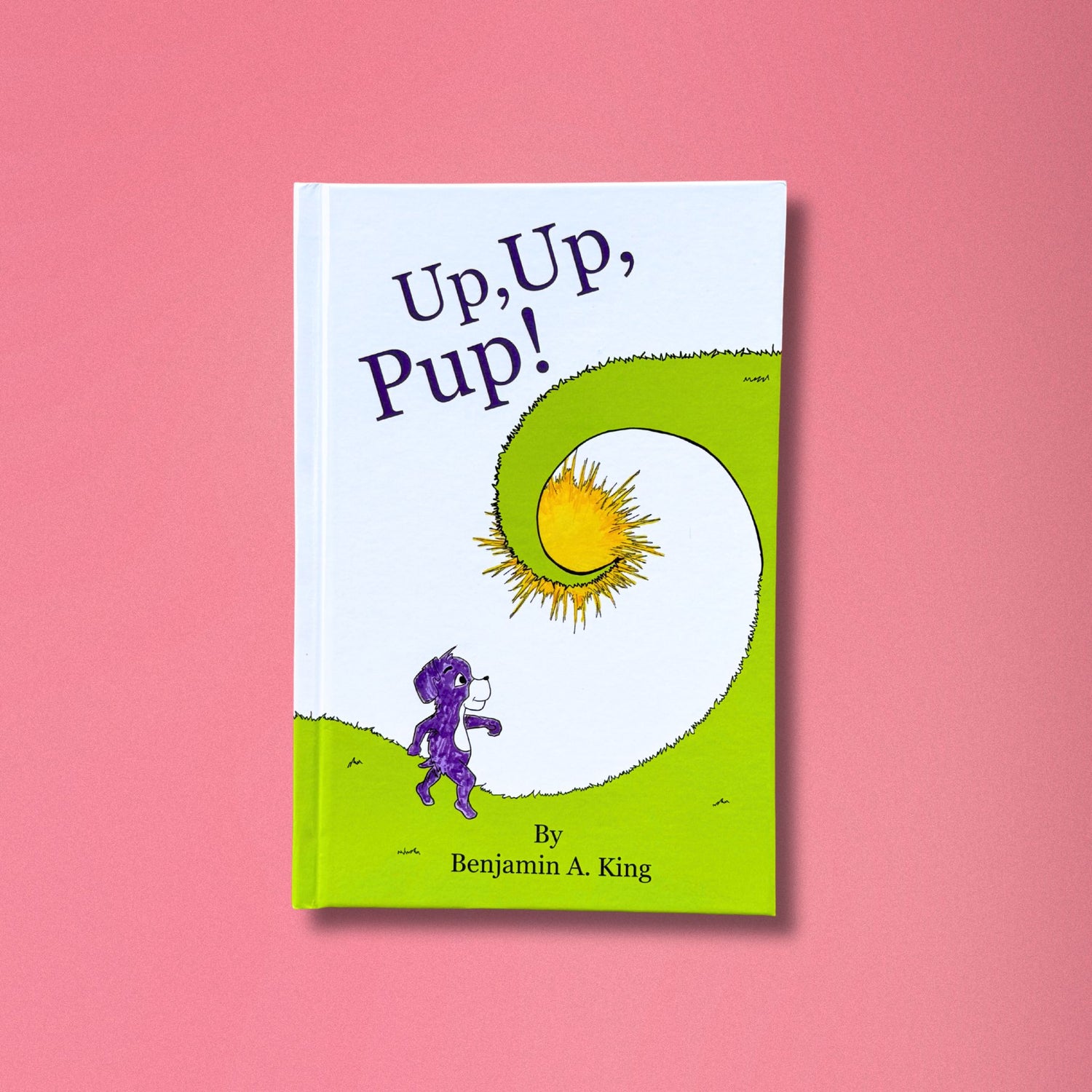 Book cover of 'Up, Up, Pup!' with a purple dog and sun illustration on a pink background