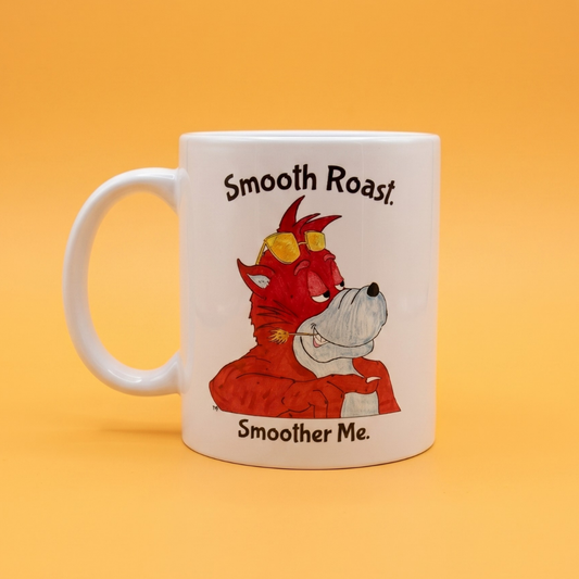 Wally Wolf mug. A white ceramic coffee mug featuring a cartoon illustration of a red wolf wearing yellow sunglasses and a red suit, with the text 'Smooth Roast.' above and 'Smoother Me.